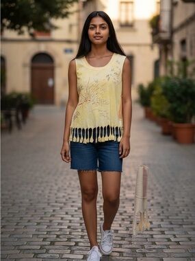 Free People Pale Yellow Fringe Hem Sleeveless Tank